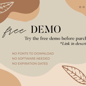 Puede incluir: Un gr&aacute;fico de demostraci&oacute;n de producto digital con el texto "free DEMO" y "Try the free demo before purchase! *Link in description". El gr&aacute;fico tiene un fondo marr&oacute;n claro con formas abstractas marrones y hojas.