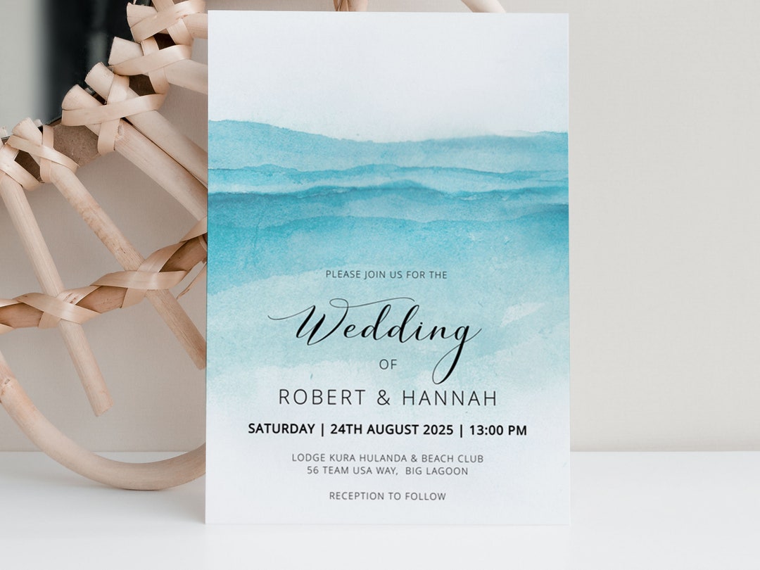 BEACH | Wedding Invitation, Printable Template, Blue Water, Digital ...