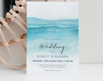BEACH | Wedding Invitation, Printable Template, Blue Water, Digital Download