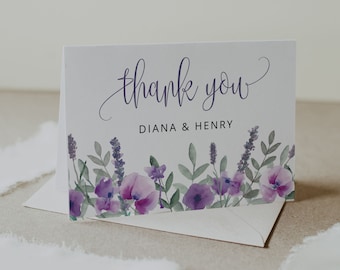 PURPLE | Thank You Card Template, Printable, Lavender Note Cards, Wedding, Digital Download