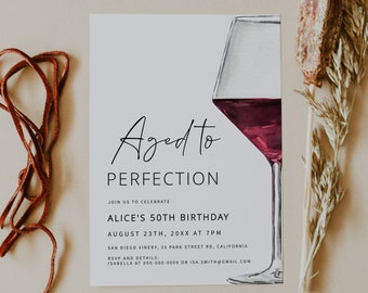 WINE | Birthday Invitation Template, Printable, Aged to Perfection, For Men and Women, Modern Minimalist Invite, Digital Download