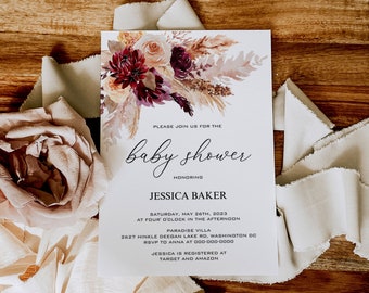 Boho Floral Baby Shower Invitation Template | Burgundy (Instant Download)