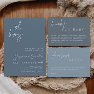 OH BOY | Ensemble d'invitations pour baby shower, modèle, imprimable, bleu poudré, bébé garçon, minimaliste moderne, téléchargement numérique
