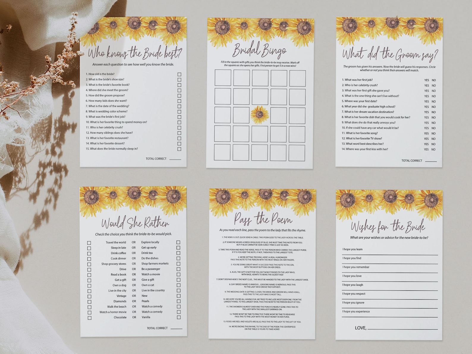 SUNFLOWER Bridal Shower Games Bundle Printable Editable | Etsy