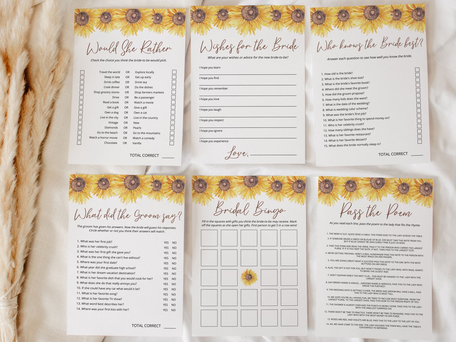 SUNFLOWER Bridal Shower Games Bundle Printable Editable - Etsy
