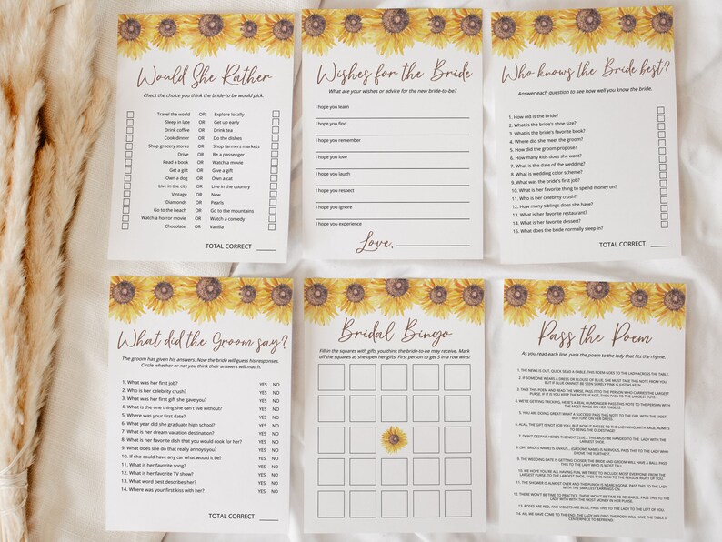 SUNFLOWER Bridal Shower Games Bundle Printable Editable - Etsy
