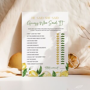LEMON | He Said She Said, Printable Bridal Shower Game Template, Main Squeeze, Modern, Digital Download