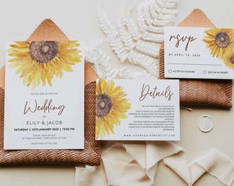 GIRASOL / Plantilla de conjunto de invitación de boda, imprimible, descarga digital