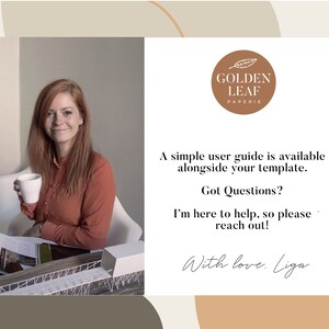 Puede incluir: Una mujer sosteniendo una taza blanca se sienta frente a un modelo de un puente. El texto dice "GOLDEN LEAF PAPERIE", "Una gu&iacute;a de usuario simple est&aacute; disponible junto con su plantilla. &iquest;Tiene preguntas? Estoy aqu&iacute; para ayudar, as&iacute; que no dude en contactarme. Con cari&ntilde;o, Liga."
