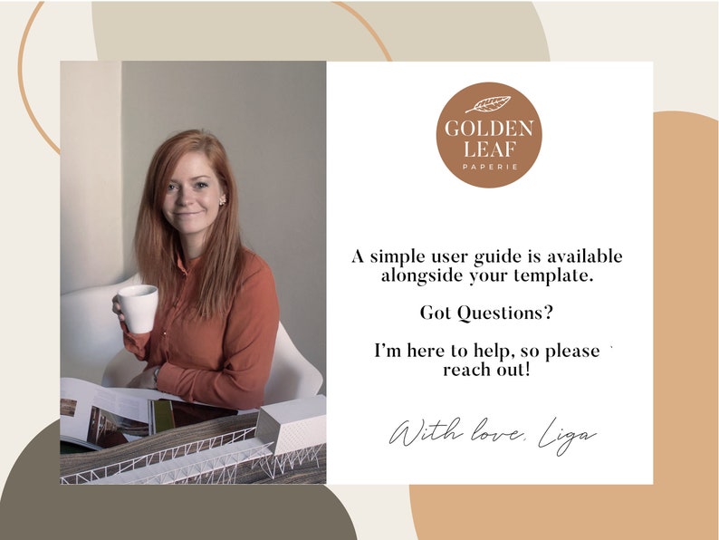 Puede incluir: Una mujer sosteniendo una taza blanca se sienta frente a un modelo de un puente. El texto dice "GOLDEN LEAF PAPERIE", "Una gu&iacute;a de usuario simple est&aacute; disponible junto con su plantilla. &iquest;Tiene preguntas? Estoy aqu&iacute; para ayudar, as&iacute; que no dude en contactarme. Con cari&ntilde;o, Liga."