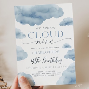 ON CLOUD NINE | Birthday Invitation Template, Printable, Dusty Blue, on ...