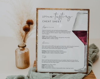 Op de afbeelding: Een printbare wijnproefnotitie met een gouden lijst en een handgetekend plaatje van een glas rode wijn. De proefnotitie bevat secties voor uiterlijk, aroma en smaak, met beschrijvingen van wat je moet zoeken en hoe je de wijn beoordeelt.