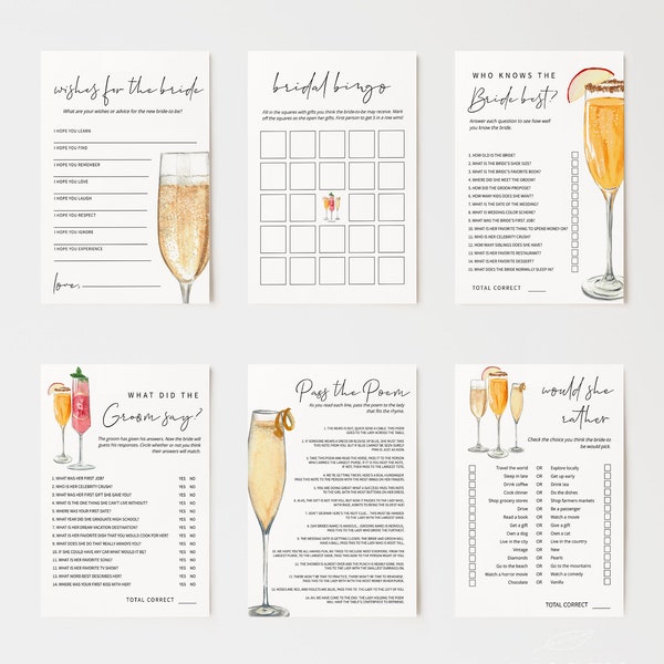 CHAMPAGNE | Bridal Shower Games Bundle, Printable Templates, Mimosa, Brunch & Bubbly, Modern Bachelorette Party Games, Digital Download