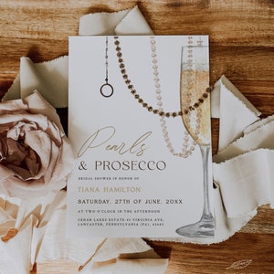 PEARLS AND PROSECCO | Bridal Shower Invitation Template, Printable Boho Champagne Invites, Digital Download