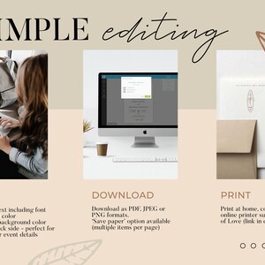 Puede incluir: Una pantalla de ordenador que muestra una maqueta de un dise&ntilde;o imprimible con el texto "SIMPLE editing". La pantalla est&aacute; dividida en tres secciones: "EDIT", "DOWNLOAD" y "PRINT". Cada secci&oacute;n describe los pasos involucrados en la personalizaci&oacute;n e impresi&oacute;n del dise&ntilde;o.