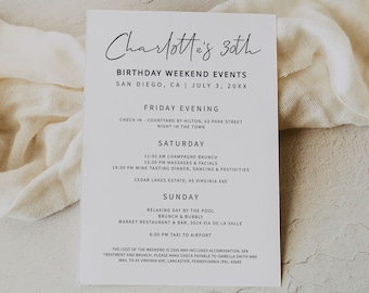 MINIMALISTISCH | Verjaardag weekendroute, Canva-sjabloon, Afdrukbare uitnodiging, Weekendschema, Weekendevenementen, Digitale download