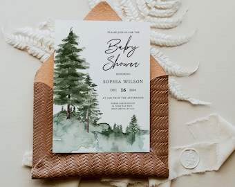 PINE TREE | Baby Shower Invitation Template, Printable, Green Forest, Instant Download