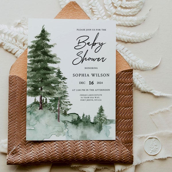 PINE TREE | Baby Shower Invitation Template, Printable, Green Forest, Instant Download