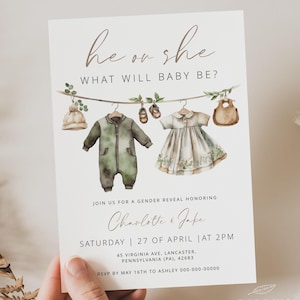 ROPA PARA BEBÉ / Plantilla de invitación para revelar el género del bebé, verde salvia y beige, niño o niña, colores naturales y ecológicos, bebé boho, descarga digital
