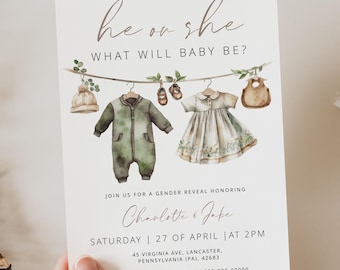 May include: A gender reveal invitation with the text "He or She, What Will Baby Be?" features watercolor illustrations of baby clothes. The invitation includes the names Charlotte & Jake, date, time, and location.