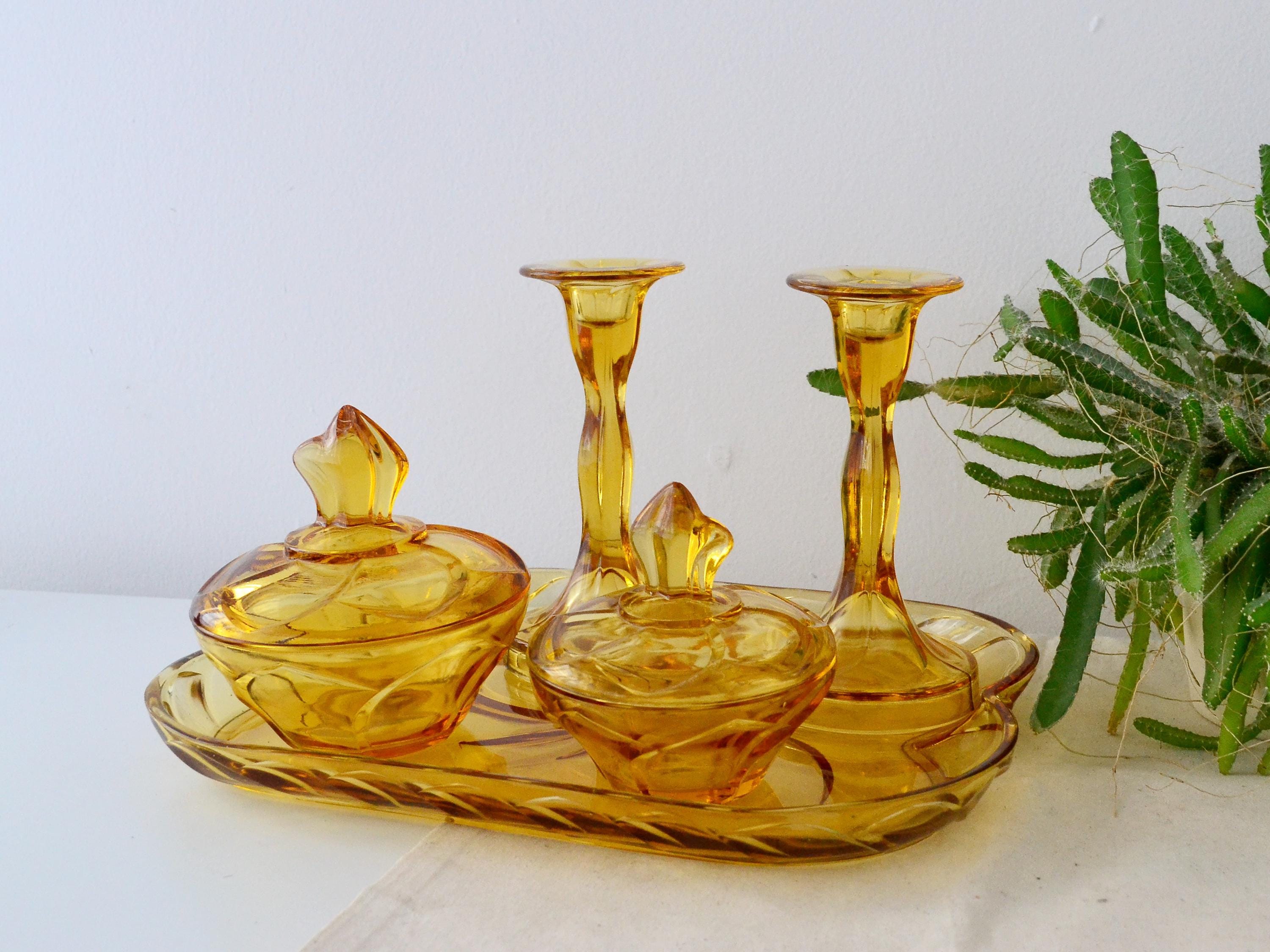 Vintage Diamonds Amber Glass Shade 支柱セット 1930s German Amber Glass Vanity Set | Renate Design Art Deco