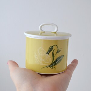 Peut inclure: Un pot en céramique jaune avec un couvercle et une poignée blanche. Le pot présente un motif floral en blanc et vert. Le pot est tenu dans une main sur fond blanc.