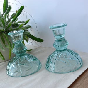 Pair green glass candlestick holder glass candle stand clear glass studio wedding candle stand