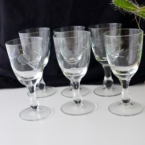 Vintage Etched Glass Cordial Glasses Set of 6 | Floral Pattern Ball Knop Stem | Mid-Century American Stemware | Liqueur Glasses