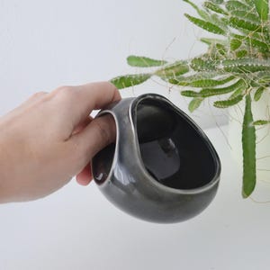 May include: A dark gray ceramic bowl with a unique, asymmetrical design. The bowl has a smooth, glossy finish and a handle-like opening. The interior is a darker shade of gray. A plant is in the background.