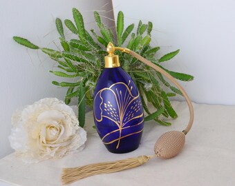 Ilona Cobalt Blue Atomizer German Bottle Spray Vintage Perfume bottle carved owl glass delicate perfumette bottle glass decor beauti