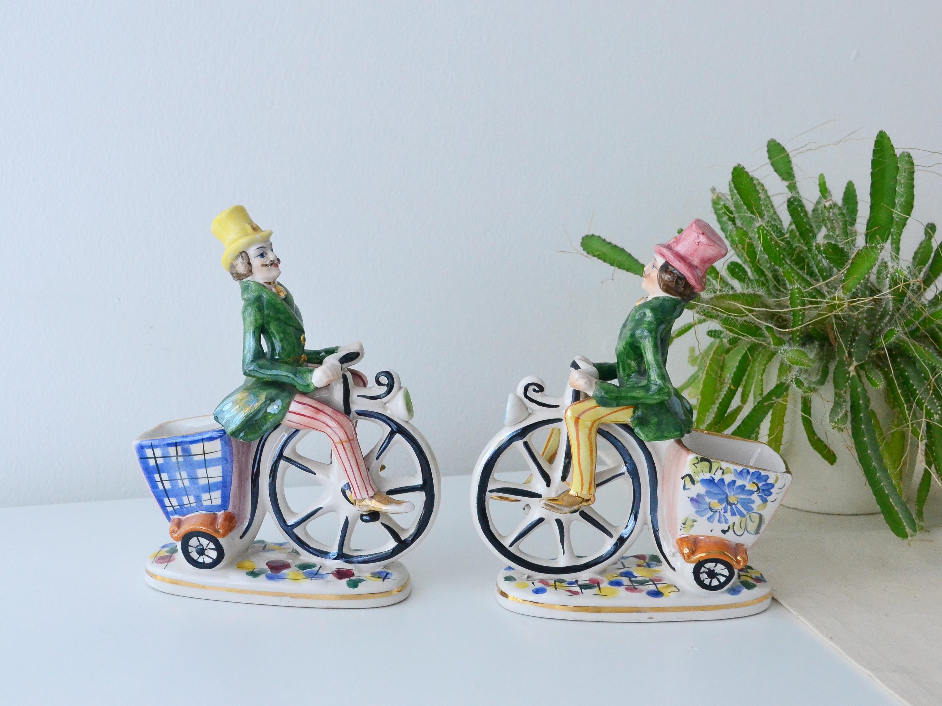 Pair of Vintage Febland Italy Hand Decorated Gentelman on Bicycle