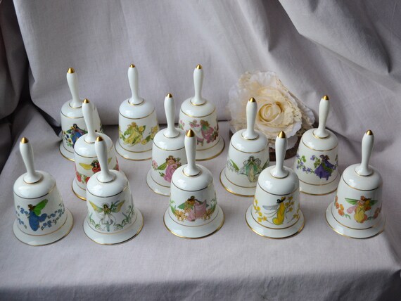 Franklin Porcelain Enchanted 12 Set Flower Bells Fairy Bells