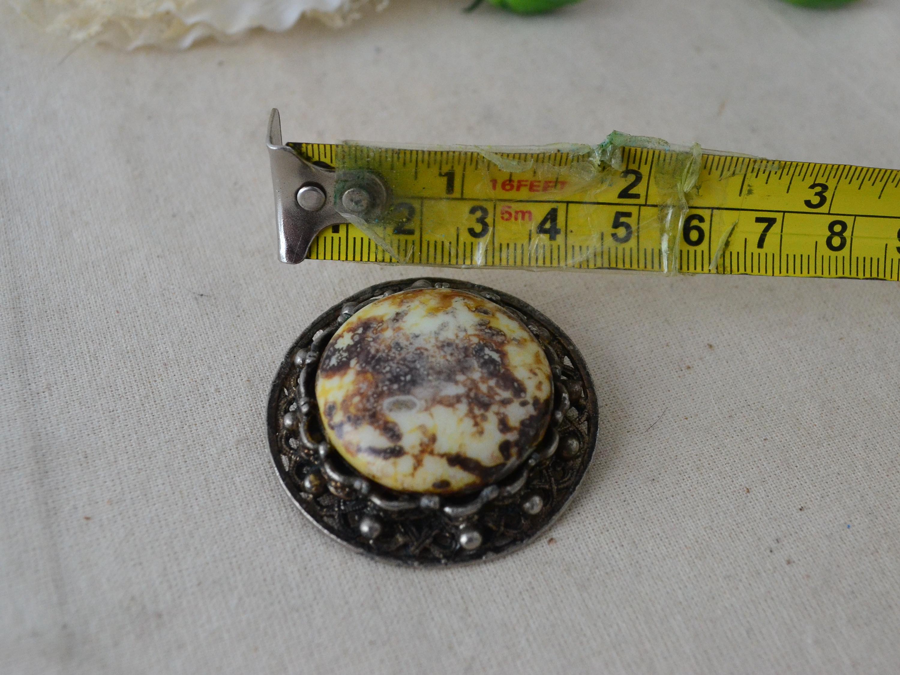 Broche Ronde Vintage En Or Avec Cabochon En Pierre Naturelle - Modèle 2597 - Occasion Superbe État