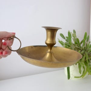 Large Brass Chamberstick Candleholder | Victorian Style Chamber Candlestick | Vintage 23cm with Handle