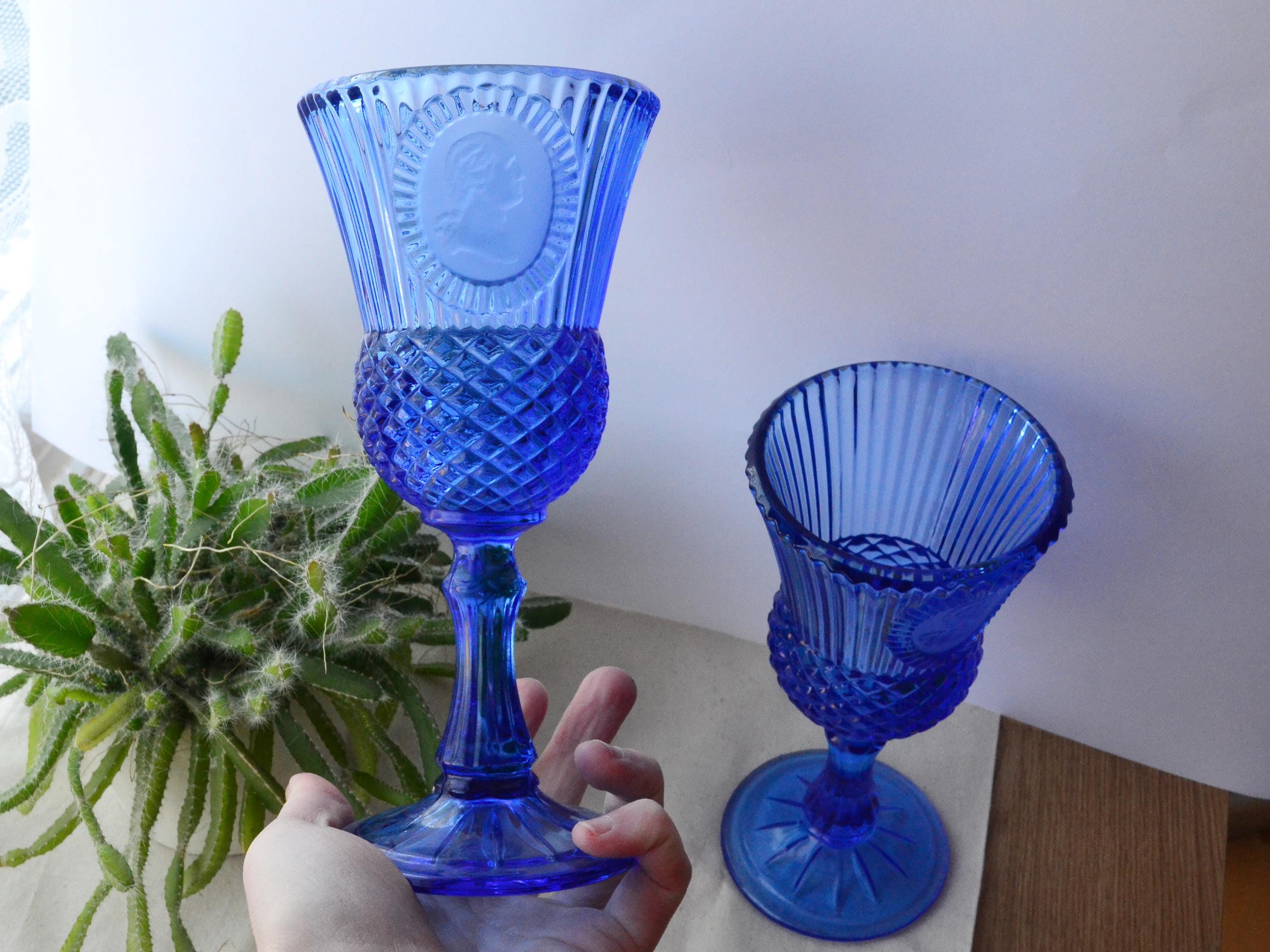 Vintage Cobalt Blue George Washington Blue Glass CobaltGoblets, Wine Glasses, Set of 2