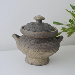 Op de afbeelding: Een handgemaakte keramische pot met deksel, met een getextureerde, aardse uitstraling. De pot heeft een ronde vorm, kleine handvatten en een knop op het deksel. De kleur varieert van lichtbeige tot donkergrijs. Een decoratief item voor in huis.