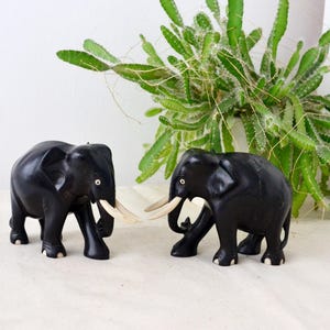 2 set Vintage Ebony Elephant Figurines Pair | Complete White Tusks | Hand Carved African Art | Collectible Set
