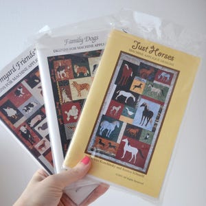 Può includere: Tre pacchetti di design per applicazioni a macchina sono tenuti in mano. I pacchetti sono intitolati "Farmyard Friends", "Family Dogs" e "Just Horses". Il pacchetto "Just Horses" è giallo e presenta illustrazioni di cavalli.