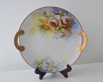 Antique Nippon Cake Sandwich Plate Hand Painted Roses Gold Handles 28cm