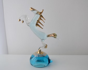 Figura vintage de estilo Murano de un caballo encabritado, de cristal soplado, color azul aguamarina y dorado.