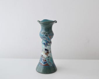 Studio Pottery Candle Holder 17cm Teal Blue Green Slip Trailed