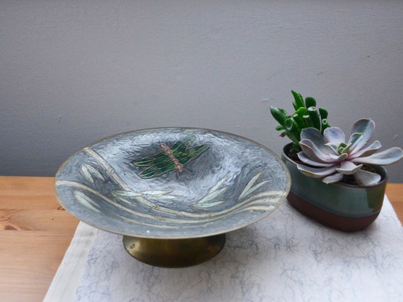 スタンド付き真鍮ボウル、ヴィンテージ七宝焼き中国トンボボウル