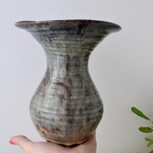 Signed Studio Pottery Vase | Green Brown Drip Glaze | 1960s Mid-Century | 8&quot; Handcrafted Ceramic
