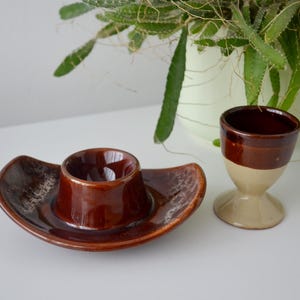 Fosters Pottery Egg Cup Pair with Retro 5cm Brown Cream Vintage Cornwall Ceramic