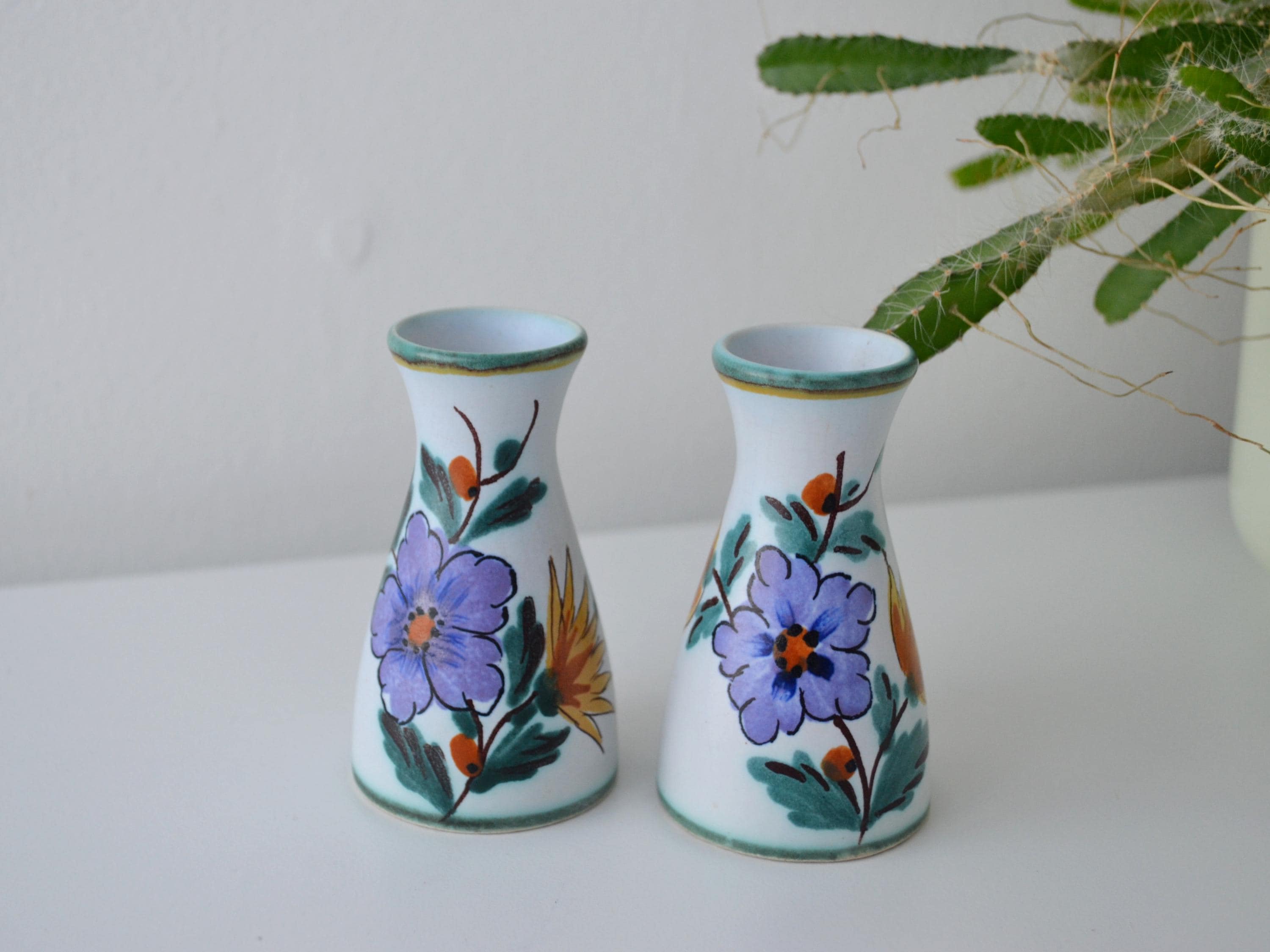 Flora Gouda Holland Vases Pair | Hand Painted Floral | 8.5cm