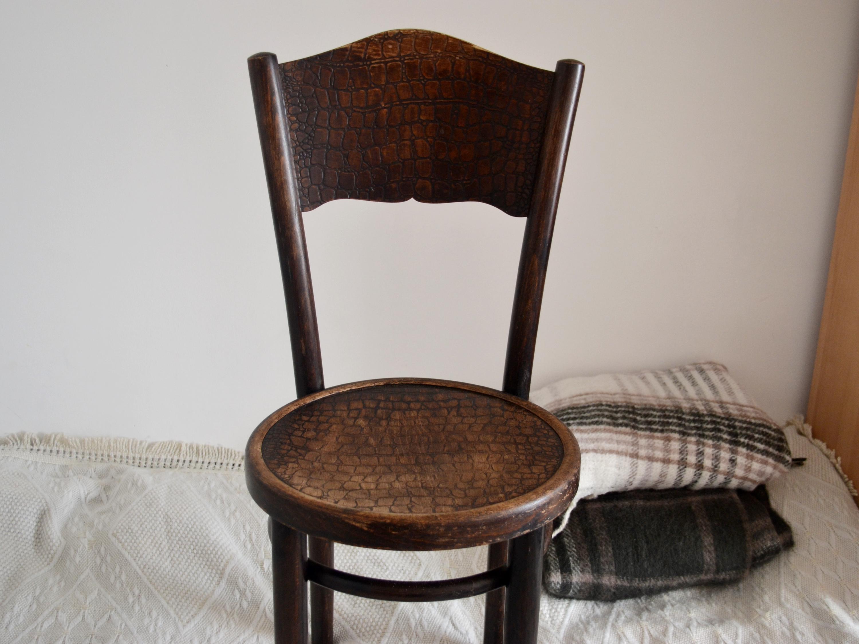 Vintage Thonet Poland Bentwood Chair - Carved Faux Crocodile
