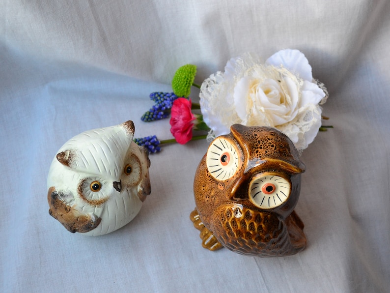 Owl set ornament vintage owl gift ceramic owl figurine owl decor for him owl statue owl stand bird decoration owl pottery ornament brown owl
