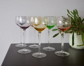 Vintage Jewel Tone Hock Wine Glasses Set 6 1970s-1980s Bohemian Multi Coloured Glass Goblets