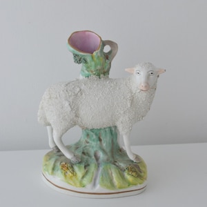 Staffordshire Sheep Spill Vase 17cm Victorian Pottery Figure