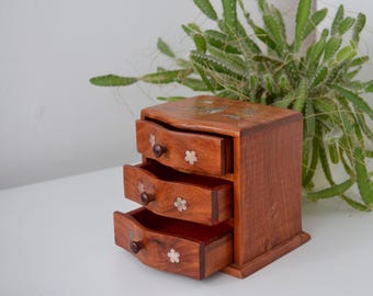 Vintage Asian Jewelry Box | Mother of Pearl Inlay, 3-Drawer